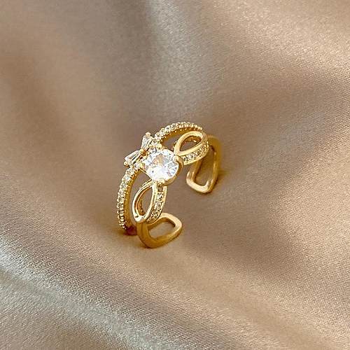 Sweet Bow Knot Copper Plating Inlay Zircon Open Rings