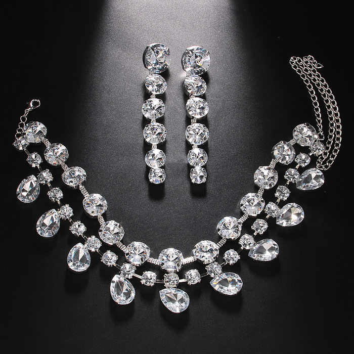 Collar de aretes de diamantes de imitación con incrustaciones de cobre geométrico lujoso Glam