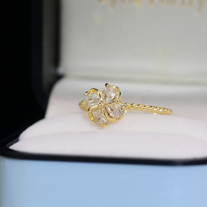 French Style Simple Style Flower Copper Plating Inlay Zircon 14K Gold Plated Open Rings
