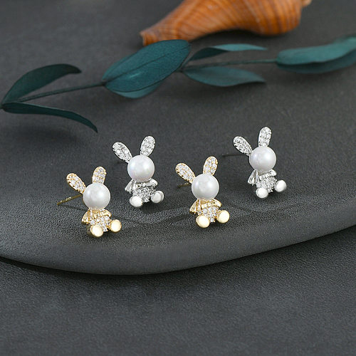 Mode lapin cuivre incrustation perles artificielles Zircon clous d'oreille 1 paire