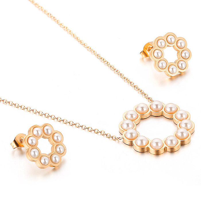 Sweet Round Titanium Steel Plating Inlay Artificial Pearls Earrings Necklace