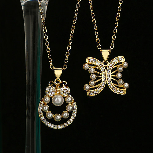 Simple Style Commute Butterfly Copper Inlay Artificial Pearls Zircon 18K Gold Plated Pendant Necklace