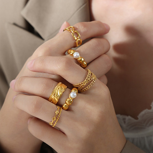 Elegante, einfarbige Ringe aus Titanstahl mit Inlay und Süßwasserperle, 18 Karat vergoldet
