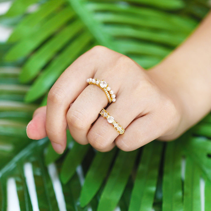 Anel de pérola de zircão novo anel de cobre de dedo indicador feminino