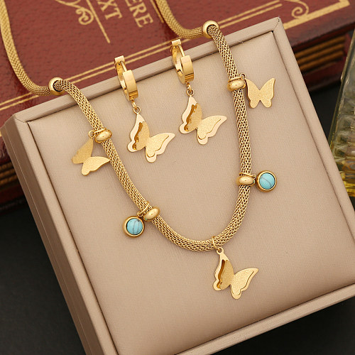 Bohemian Simple Style Animal Butterfly Stainless Steel Plating Hollow Out Inlay Turquoise Bracelets Earrings Necklace