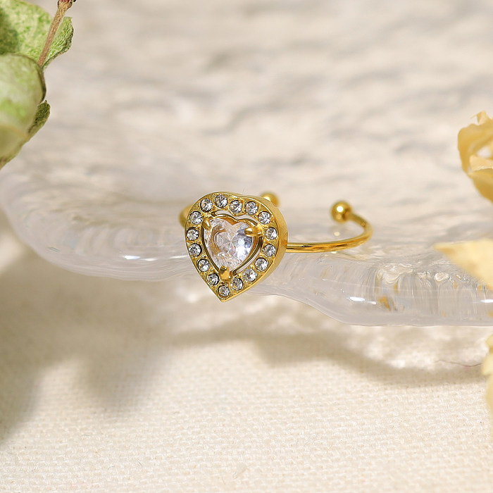 Atacado estilo vintage formato de coração aço inoxidável titânio chapeamento embutido 18K anéis abertos de zircônia banhados a ouro