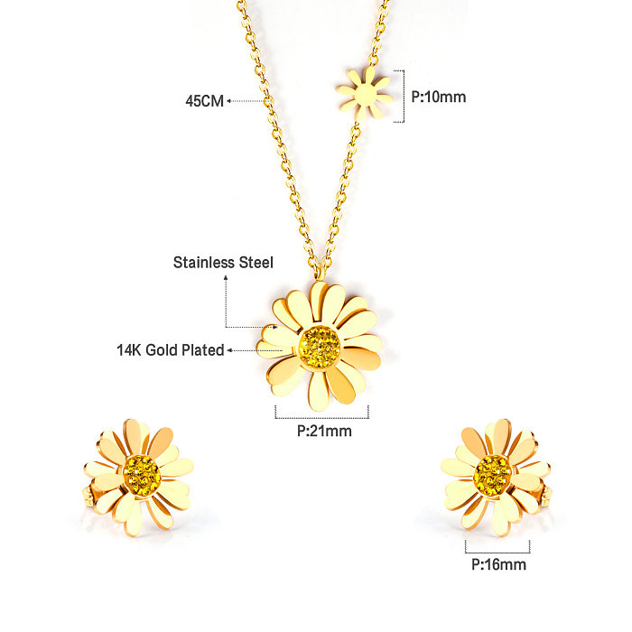 Simple Style Flower Stainless Steel Inlay Zircon Earrings Necklace 1 Set