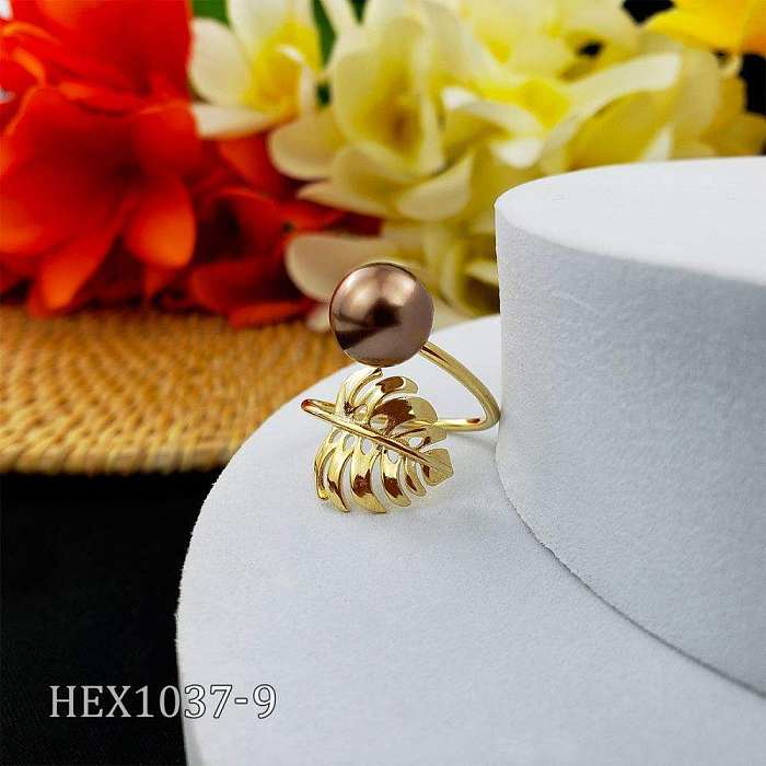 Retro Vacation Leaves Shell Copper Plating 14K Gold Plated Open Ring
