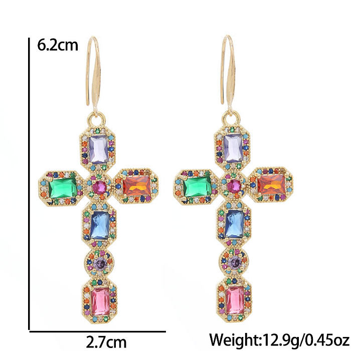 1 Pair Retro Shiny Cross Inlay Copper Zircon Drop Earrings