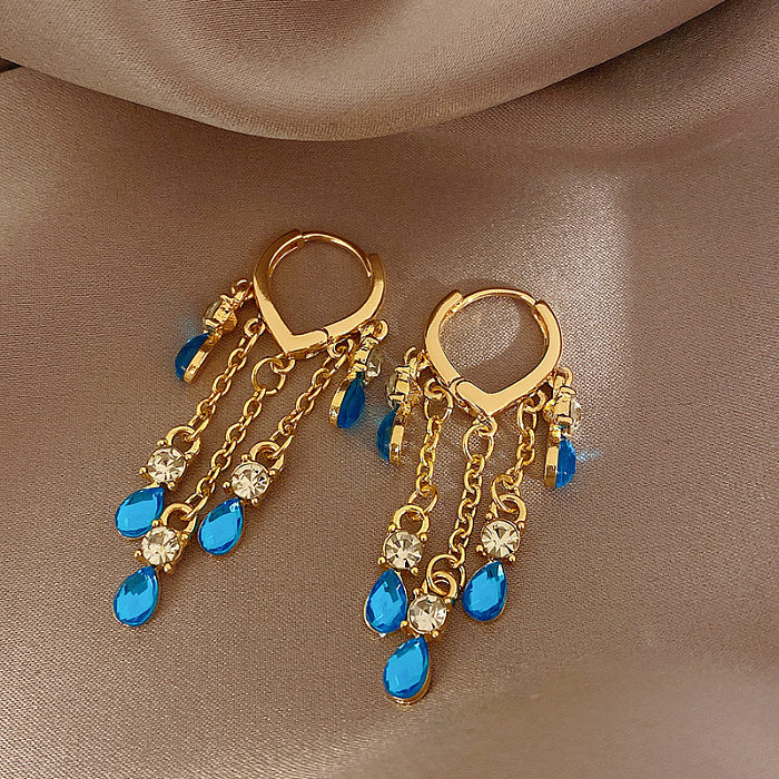 1 Pair Simple Style Water Droplets Inlay Copper Rhinestones Drop Earrings