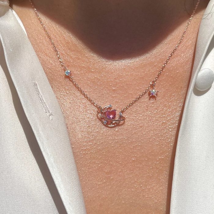 Modern Style Moon Heart Shape Copper Plating Inlay Zircon Pendant Necklace