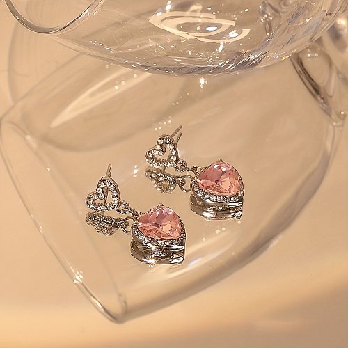1 Pair Y2K Heart Shape Plating Inlay Copper Rhinestones Zircon Silver Plated Drop Earrings