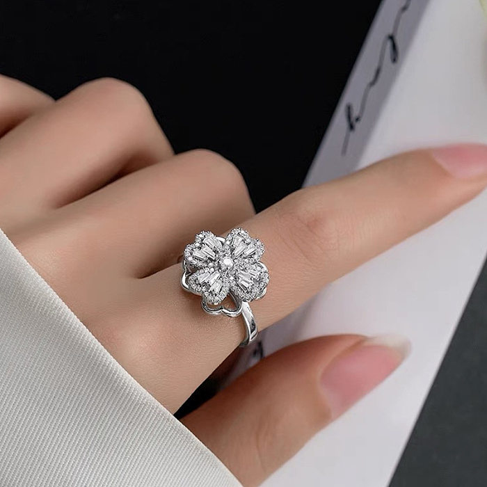 Lady Shiny Four Leaf Clover Copper Plating Inlay Zircon 18K Gold Plated Open Rings