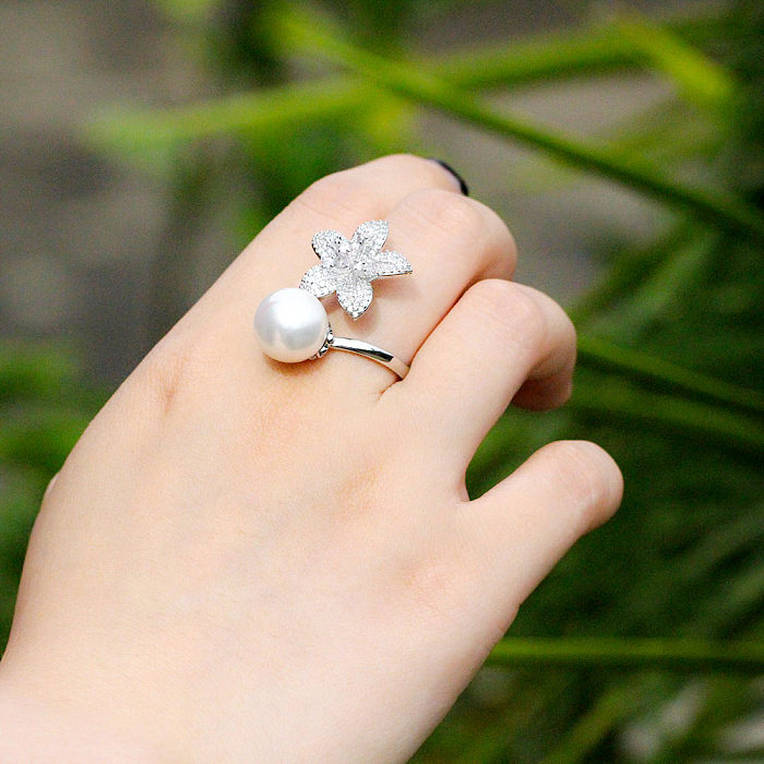 Elegant Ball Flower Copper Plating Inlay Artificial Gemstones Artificial Pearls 14K Gold Plated White Gold Plated Rhodium Plated Open Rings