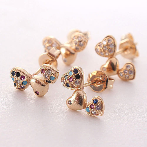 1 paire de clous d'oreilles plaqués or et Zircon, Style coréen, en forme de cœur, incrustation de cuivre et de Zircon