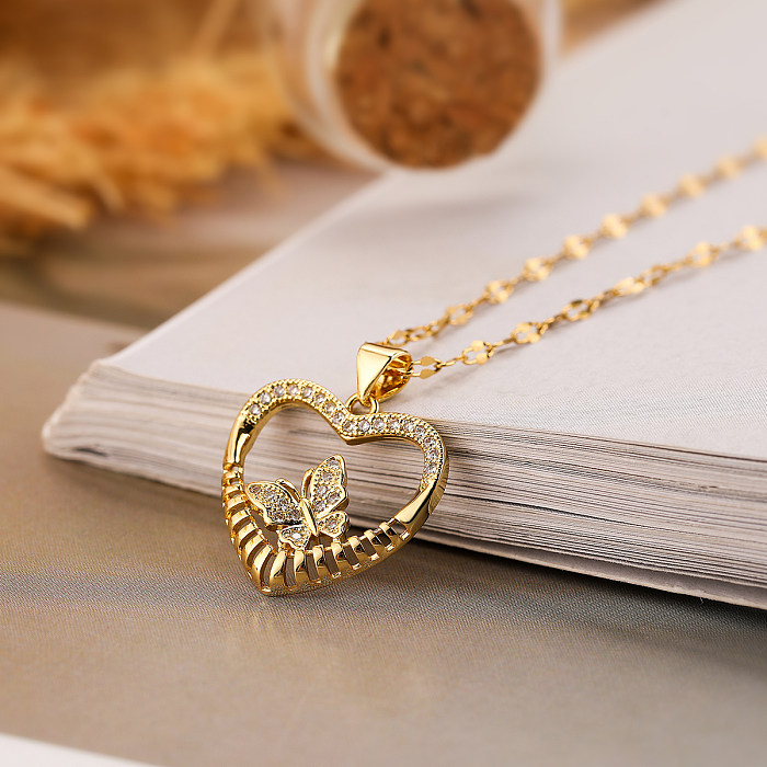 Süße schlichte Pendel-Halskette mit Herzform, Schmetterling, Kupferbeschichtung, Inlay aus Zirkon, 18 Karat vergoldet