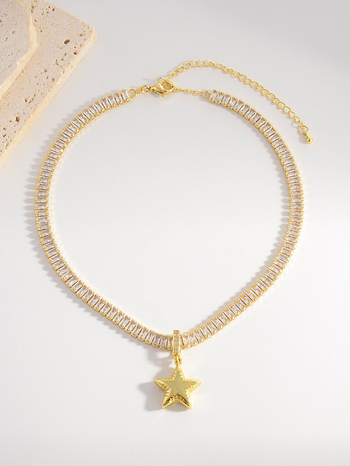 Elegant Shiny Pentagram Copper Plating Inlay Zircon 18K Gold Plated Pendant Necklace
