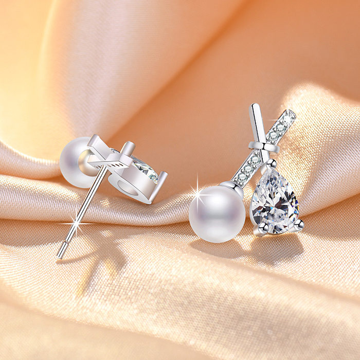 1 Paar süße Blatt-Kronen-Schleifenknoten-Imitat-Perlen-Kupfer-Inlay-Strass-Ohrringe