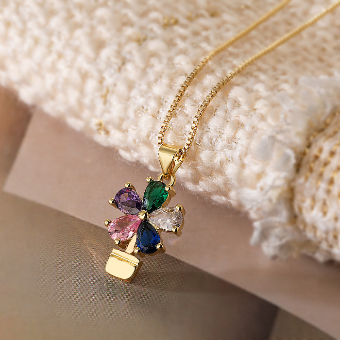 Elegante estilo básico simples flor cobre 18K colar com pingente de zircão banhado a ouro a granel