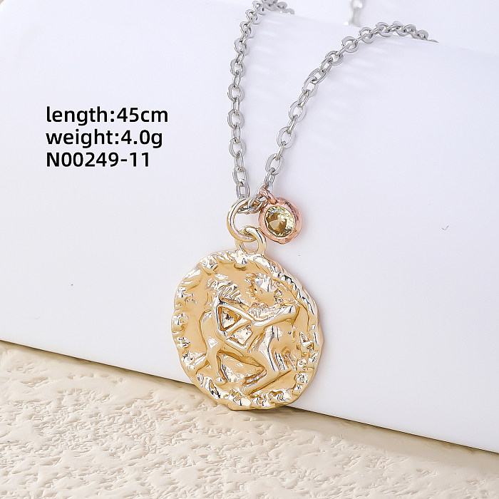 Elegant Hip-Hop Simple Style Round Constellation Copper Plating Inlay Zircon Gold Plated Pendant Necklace