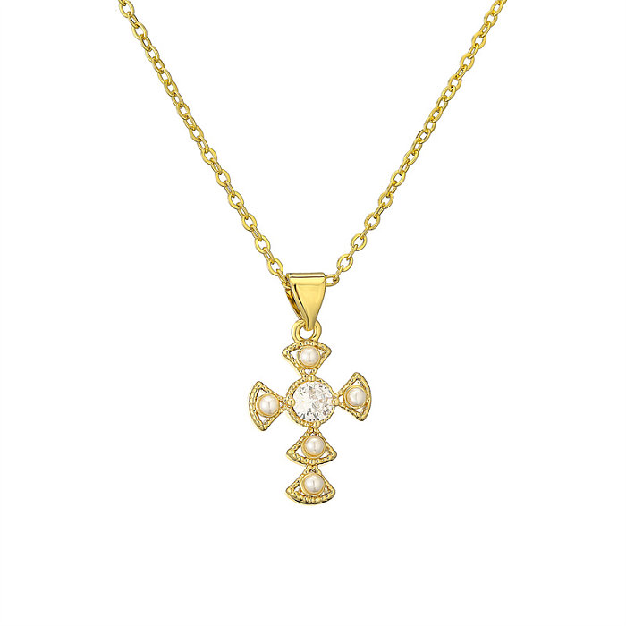 Style moderne croix lettre oeil du diable cuivre placage incrustation perle Zircon plaqué or pendentif collier