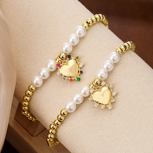 Simple Style Commute Heart Shape Copper Plating Inlay Artificial Pearls Zircon 18K Gold Plated Bracelets