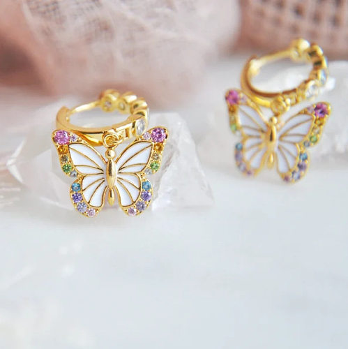 Retro Butterfly Copper Inlay Zircon Dangling Earrings