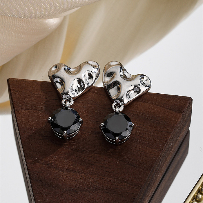 Boucles d'oreilles pendantes en forme de cœur, Style Simple, incrustation de cuivre, Zircon plaqué argent, 1 paire