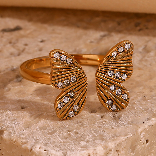 Estilo básico simples estilo clássico borboleta chapeamento de aço inoxidável incrustação de zircão banhado a ouro 18K anéis abertos