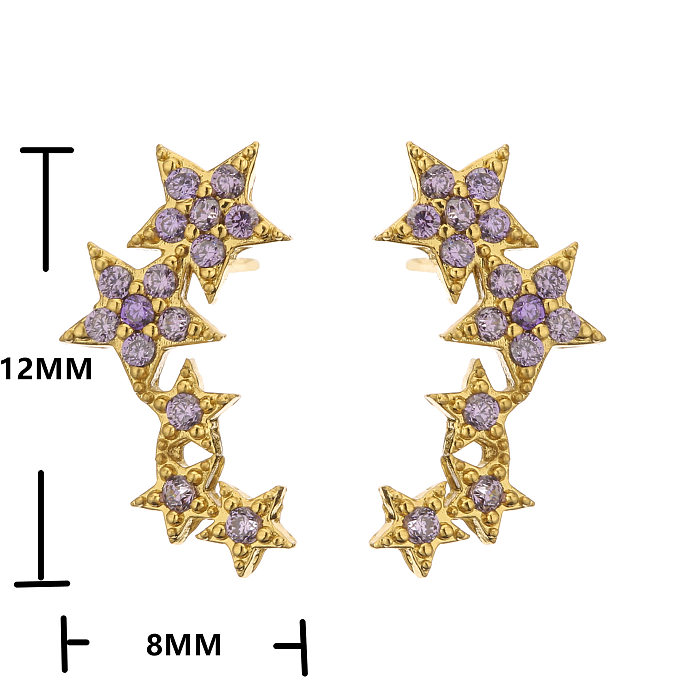Micro Inlaid Zircon Pentagram Stud Earrings Colorful Crystals Star Brass Earring