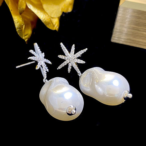 1 paire de boucles d'oreilles en forme d'étoile irrégulière, Style IG, incrustation d'imitation de perle en cuivre et Zircon