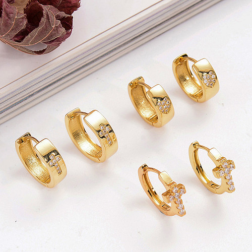 1 Pair Casual Simple Style Cross Heart Shape Plating Inlay Copper Zircon 18K Gold Plated Earrings