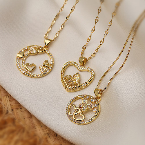Sweet Simple Style Commute Heart Shape Butterfly Copper Plating Inlay Zircon 18K Gold Plated Pendant Necklace