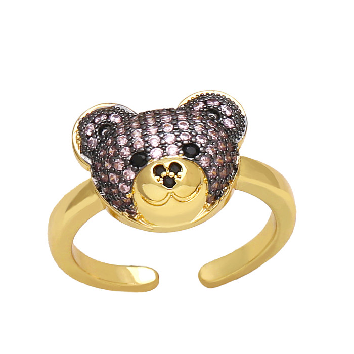 IG Style Cute Bear Copper Plating Inlay Zircon 18K banhado a ouro anéis abertos