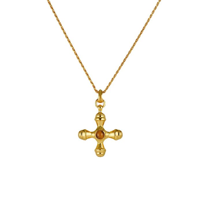 IG Style Cool Style Cross Copper Plating Inlay Tiger Eye 18K Gold Plated Pendant Necklace