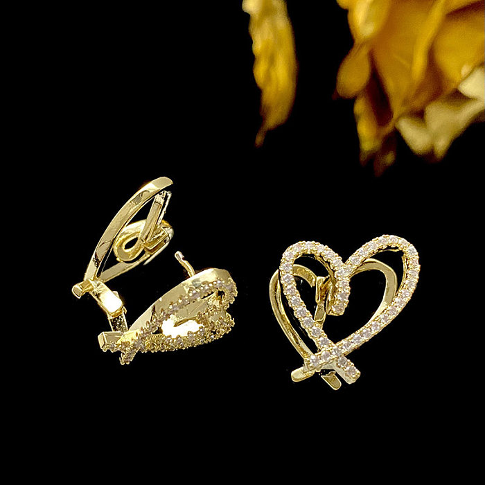 1 Pair Simple Style Heart Shape Inlay Copper Zircon Ear Studs