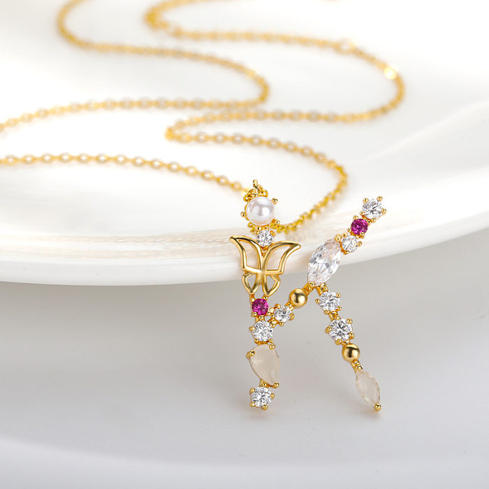 Cross-Border Ins New Fashion 26 Letter Necklace Female Color Zircon Letter Butterfly Inlaid Opal Necklace