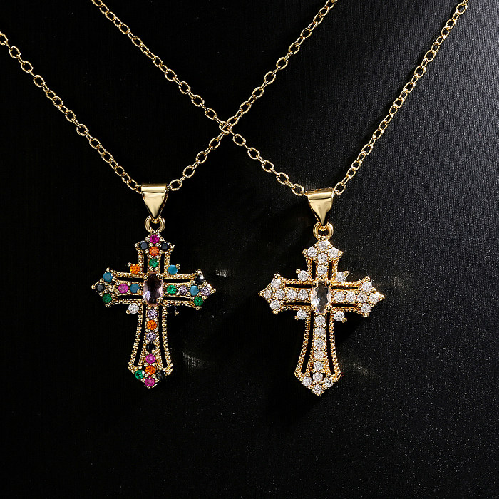 Collier pendentif croix en zircon incrusté d'or 18 carats en cuivre à la mode