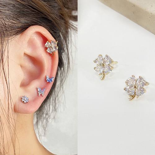 1 Pair Lady Four Leaf Clover Plating Inlay Copper Zircon Ear Clips