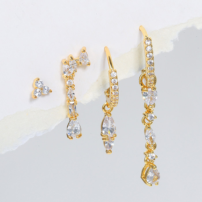 Fashion Water Droplets Copper Inlay Zircon Drop Earrings 4 Piece Set