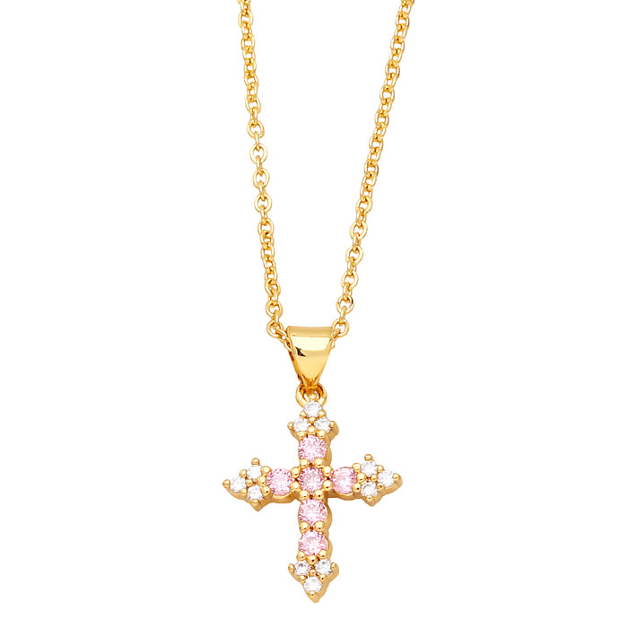 Schlichter Stil Kreuz-Kupfer-vergoldete Zirkon-Anhänger-Halskette, 1 Stück