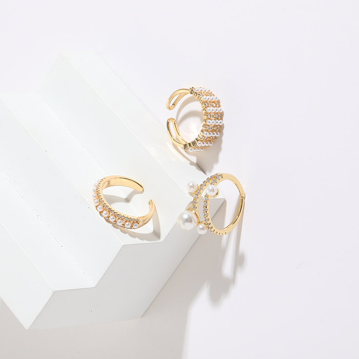 1 Stück modischer C-förmiger offener Ring aus Kupfer mit künstlichen Perlen und Zirkon