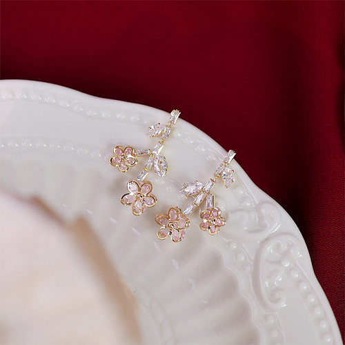 1 Pair Sweet Shiny Flower Plating Inlay Copper Zircon 14K Gold Plated Drop Earrings