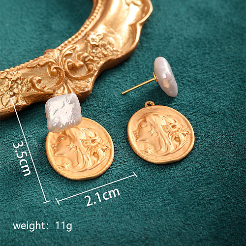 1 paire de clous d'oreilles en cuivre, perles d'eau douce, Portrait de Style Baroque, losange ovale