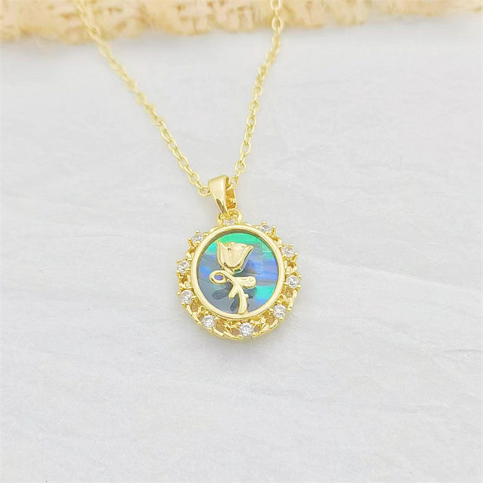 Sweet Heart Shape Flower Bow Knot Copper Plating Inlay Artificial Pearls Shell Zircon 18K Gold Plated Pendant Necklace