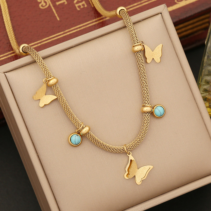 Bohème Style Simple Animal papillon placage en acier inoxydable ajouré incrustation Turquoise Bracelets boucles d'oreilles collier