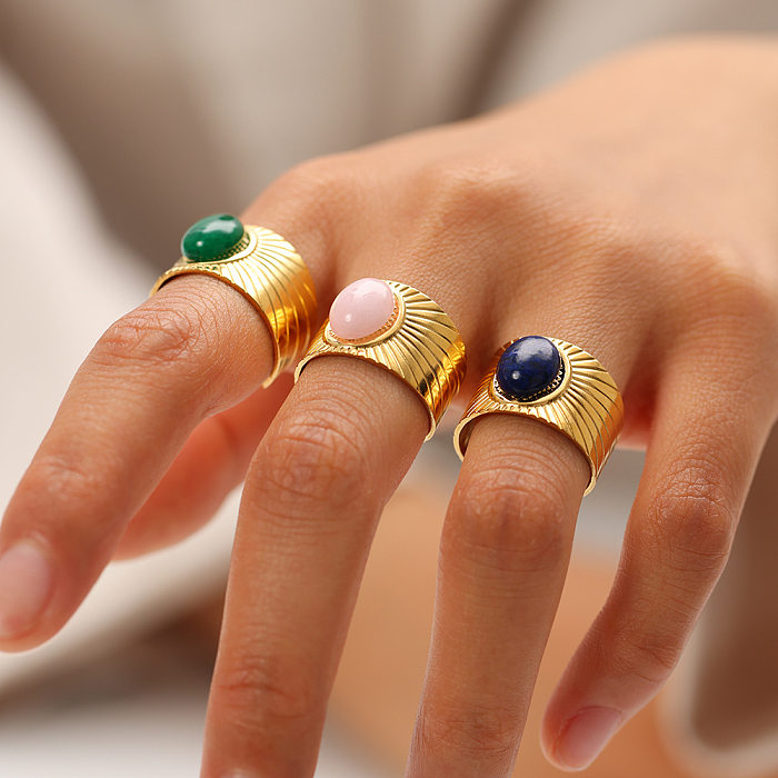 Retro Streetwear Oval Stainless Steel Plating Inlay Natural Stone 18K Gold Plated Open Rings