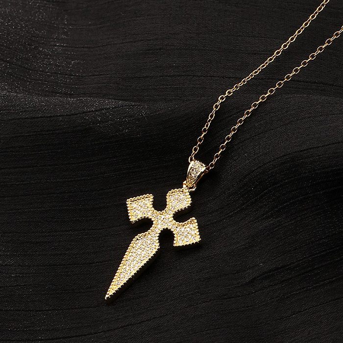 Streetwear Cross Copper Plating Inlay Zircon Pendant Necklace Sweater Chain