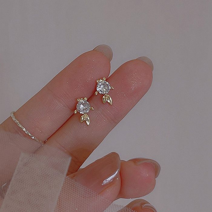 1 Pair Simple Style Four Leaf Clover Cat Flower Plating Inlay Copper Opal Zircon Ear Studs