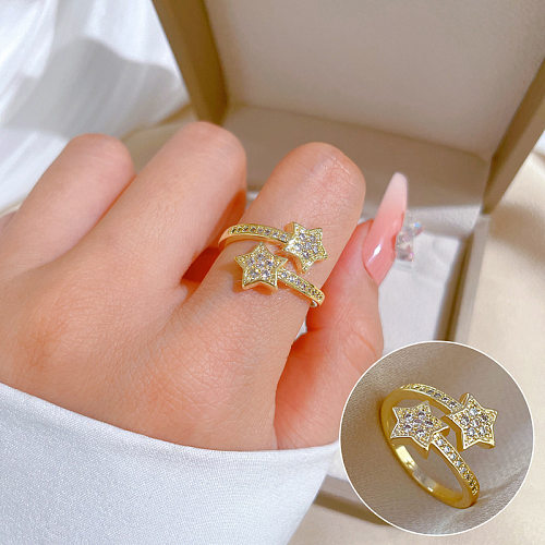 Fashion Pentagram Brass Plating Inlay Zircon Open Ring 1 Piece